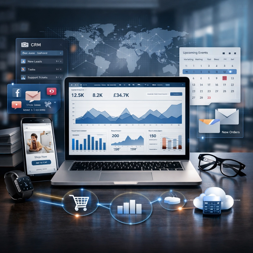 Live data (CRM, e-commerce, social), calendar/events